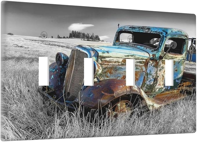 Vintage Country Old Blue Truck Quad Toggle Light Switch Cover Decorative Rustic Automobile 4 Gang Wall Plate Electrical Faceplate Switchplate for Farmhouse Bathroom Bedroom Living Room Decor