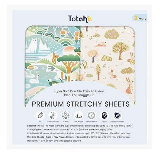 TotAha Premium Stretchy Crib Sheets (2-Pack)-Hypoallergenic, Silky Comfort, Buttery Soft, Calming Effect, All-Season Jersey-Knit Sheets, 9'' Extra Deep Pocket, Animal Print