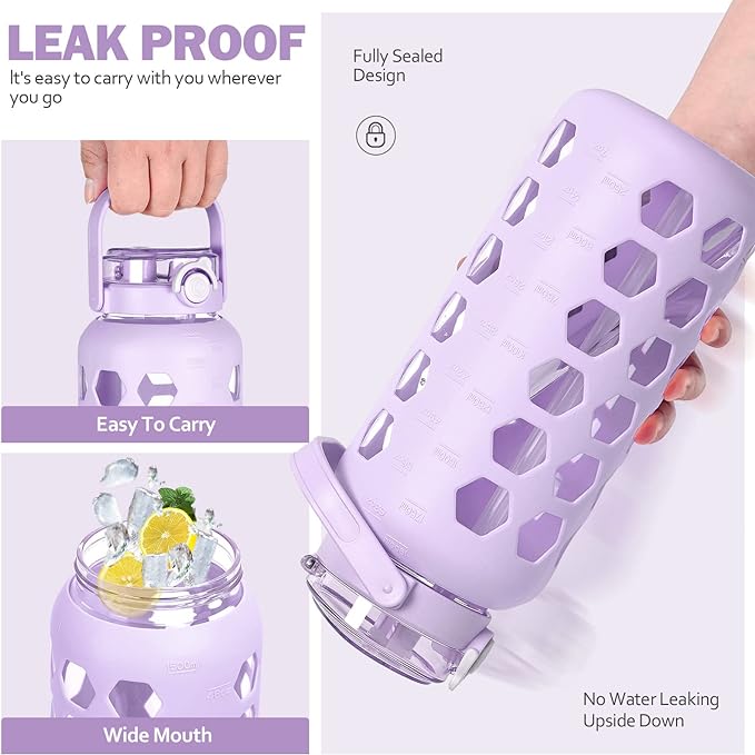 MUKOKO Half Gallon/64 oz Glass Water Bottles with Straw and Lid,Motivational Water Jug with Time Marker Reminder and Silicone Sleeve,100% Leakproof BPA Free Fitness Sports Large Bottle-Purple