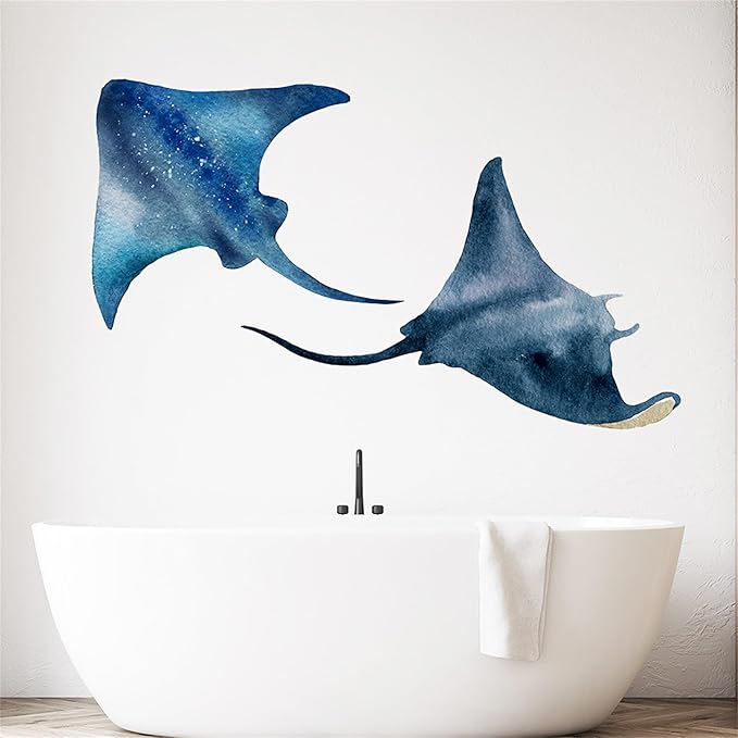 Watercolor Style Halobios Wall Decals Marine Organism Wall Sticker Art Wall Clings Removable Stickers for Nursery Kid'sroom School Livingroom Decoration Murals (Manta Ray1)
