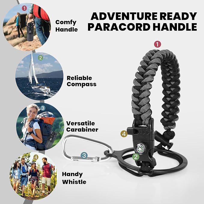 Insulated Water Bottle 40 oz, Triple Wall Vacuum Stainless Steel (Cold for 48 Hrs), Leak Proof & Non-BPA, Modern Water Flask Jug with Paracord Handle & Straw Spout Lids, Dark Grey