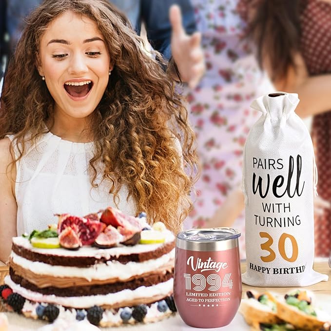 Lifecapido 30th Birthday Gifts for Women, Vintage 1994 Limited Edition Insulated Wine Tumbler with Wine Bag, 30 Year Old 30th Birthday Presents Christmas Gifts for Sisters Wine Lover Friends, 12 oz