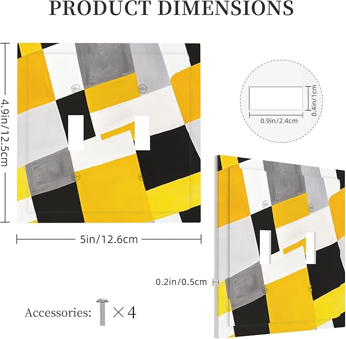 Geometric Yellow Gray Black White Double Toggle Light Switch Covers 2 Gang Wall Plate Dual Decorative Switchplate Electrical Faceplate for Bathroom Country Kitchen Bedroom Decor, 4.9" x 5"
