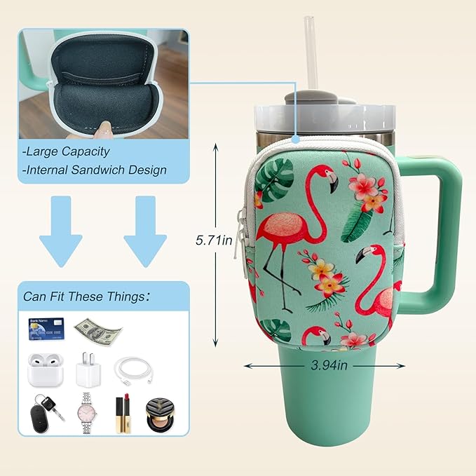 Water Bottle Pouch For Stanley Quencher Adventure 40oz & Stanley IceFlow 20oz 30oz,tumbler pouch with Pocket, for Keys, Wallet, Cards, Earphone,Compact, Versatile (GREEN)