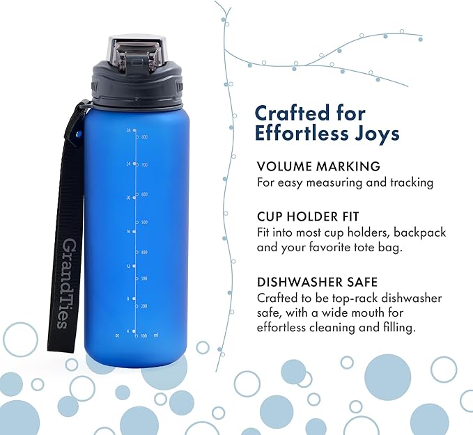 GRANDTIES Sports Tritan Plastic Water Bottle with Straw, Removable – Leakproof BPA Free Dishwasher Safe Travel Water Bottle with Strap for Gym, Outdoor, Fitness (Frosted Navy, 28oz (800mL))