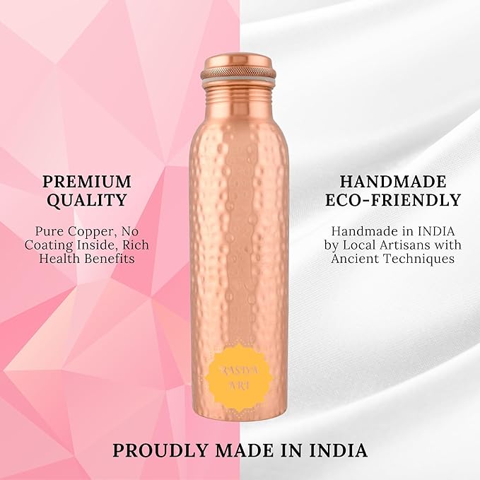 Pure Copper Metal Water Bottle - 32 oz - Indian Handmade Ayurveda Healing Benefit Drinking Water Bottle for Travel, Hiking, Gym, Office, Outdoor - Glossy Hammered
