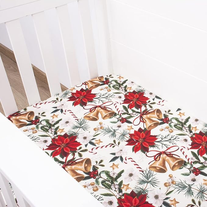 JISEN Baby Crib Sheet 1 Piece Portable Fitted Crib Sheet for Standard Crib and Toddler Mattresses Nursery Bed Decor for Boys Girls 28x52 Inch Christmas Flower