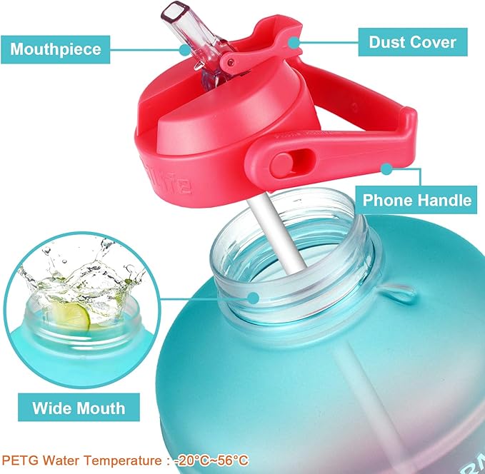 QuiFit 1 Gallon Water Bottle - with Straw & Motivational Time Marker Leak-Proof BPA Free Reusable Gym Sports Outdoor Large(128OZ) Capacity Water Jug(Green/Pink Gradient,1 Gallon)