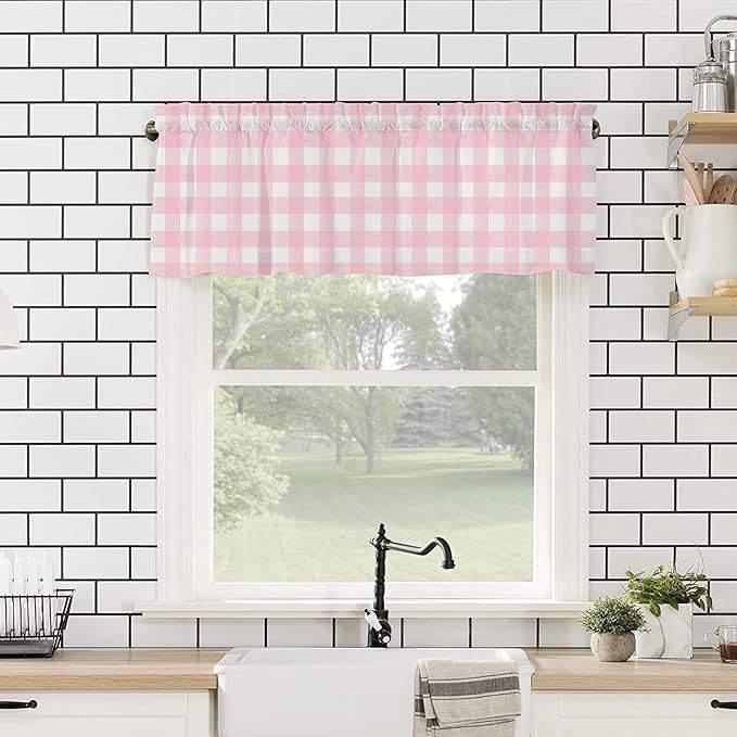 Christmas Valance Curtains for Kitchen Windows Rustic Pink White Buffalo Check Plaid Pattern Rod Pocket Window Treatment Toppers for Kitchen/Living Room/Bedroom/Bathroom, 42" X 18", Farmhouse