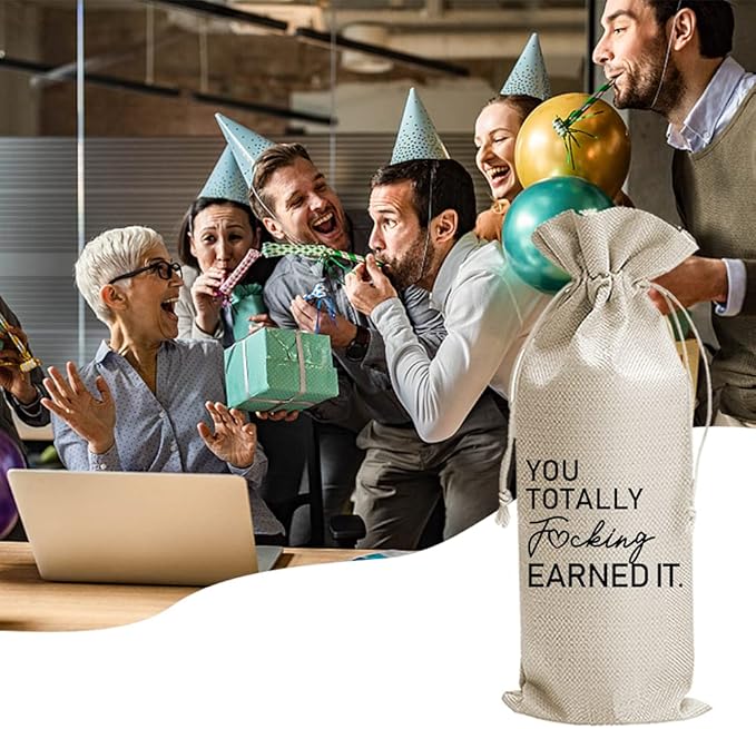 JioJio Chan You Totally Fucking Earned it Funny Wine Bags, New Job Gift, You Got the Job Gift, Funny New Job Gift, Job Promotion Gift, Burlap Drawstring Wine Bag, Personalized (J354)