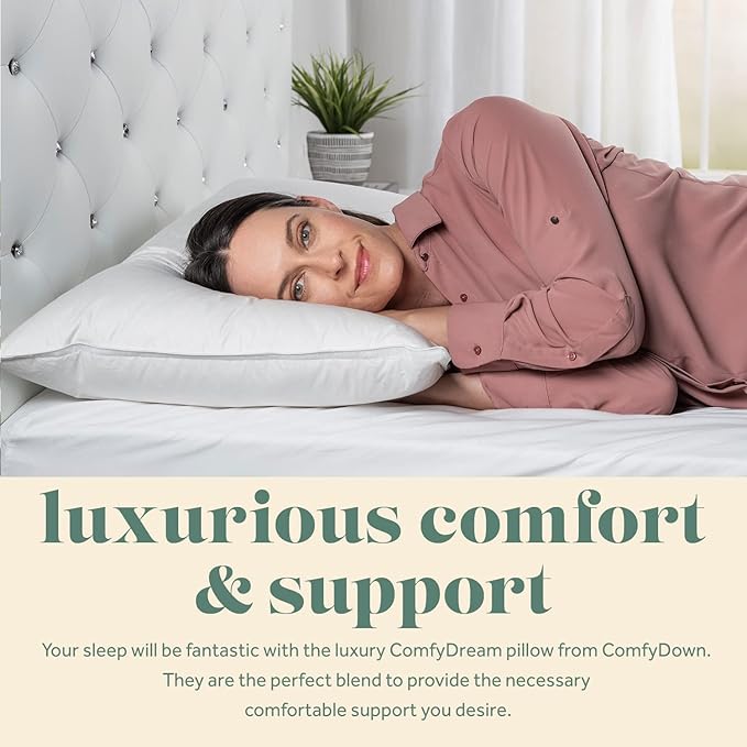 ComfyDown 50/50 Down Feather Blend ComfyDream Bed Pillow for Sleeping, Egyptian Cotton Cover, Made in USA, Queen Size (Queen)