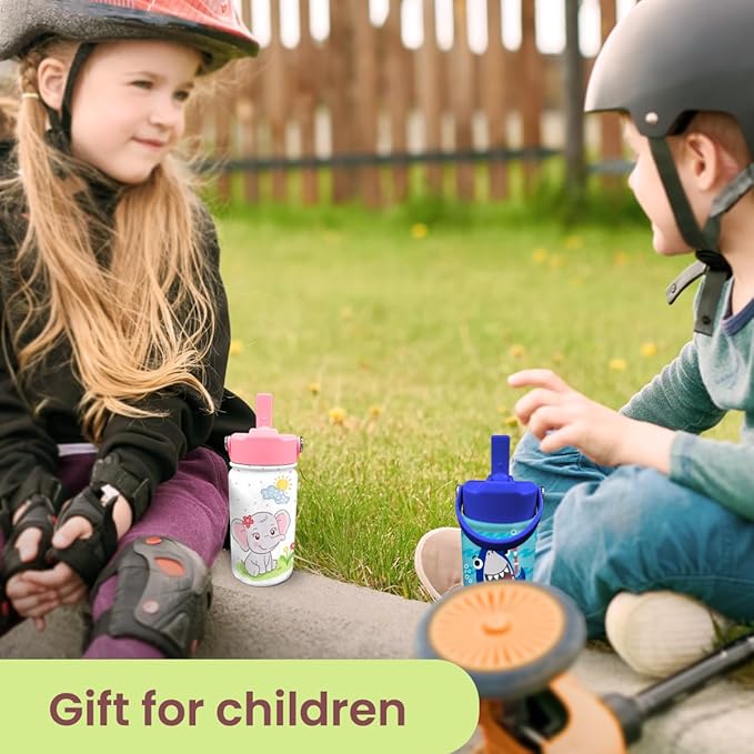 Elephant Water Bottle - Kids Water Bottle with Straw Lid - 12 Oz Insulated Stainless Steel Water Bottles for Toddlers Kid Girl - Travel Cup for School Sports