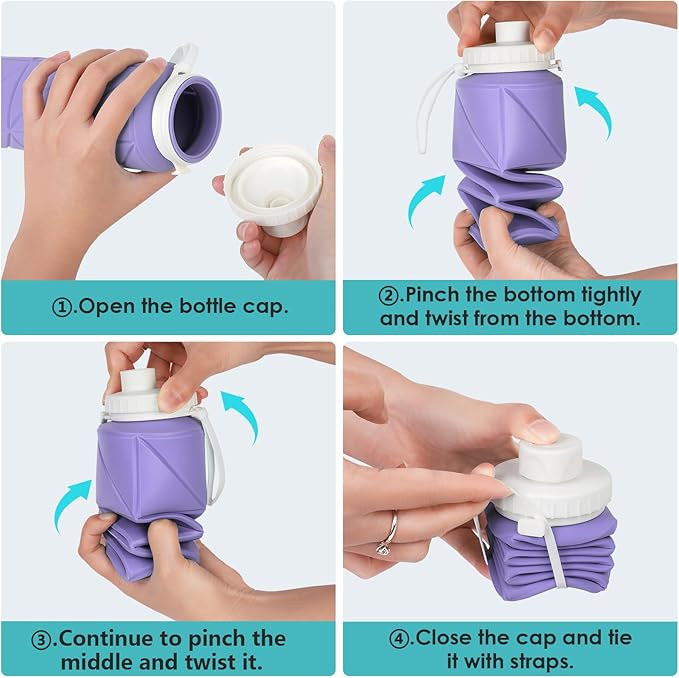 Collapsible Water Bottles 20.7oz Leakproof with Straw Lid Food-Grade BPA-Free Silicone Travel Foldable Water Bottles for Sports Office Gym Hiking Driving 610ML (Light Purple+Army Green)