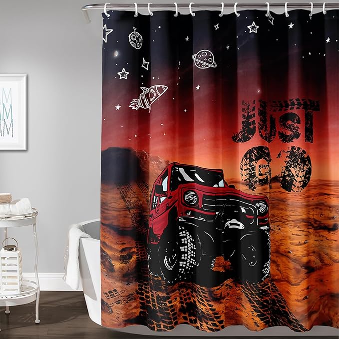 AILONEN Red Truck Shower Curtains,Galaxy Monster Truck Bath Curtains,Monster Jam Polyester Waterproof for Bathroom,72" W*96" H with 12 Plastic Hooks,Red