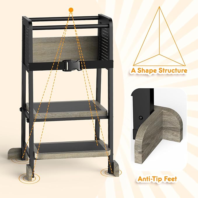 Kitchen Step Stool for Kids, Learning Tower for Toddlers 1-3, Kitchen Tower with Anti-Slip Mat and Adjustable Stand, Wood Metal Standing Stool for Counter, Light Brown and Black