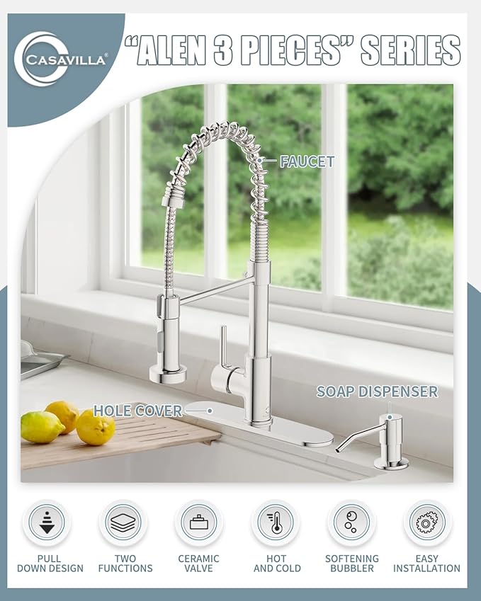 Kitchen Faucet Set, Commercial Kitchen Sink Faucets with Pull Down Sprayer and Soap Dispenser, Stainless Steel Faucets for Kitchen Sinks, Single Handle Spring Kitchen Faucets with Deck Plate