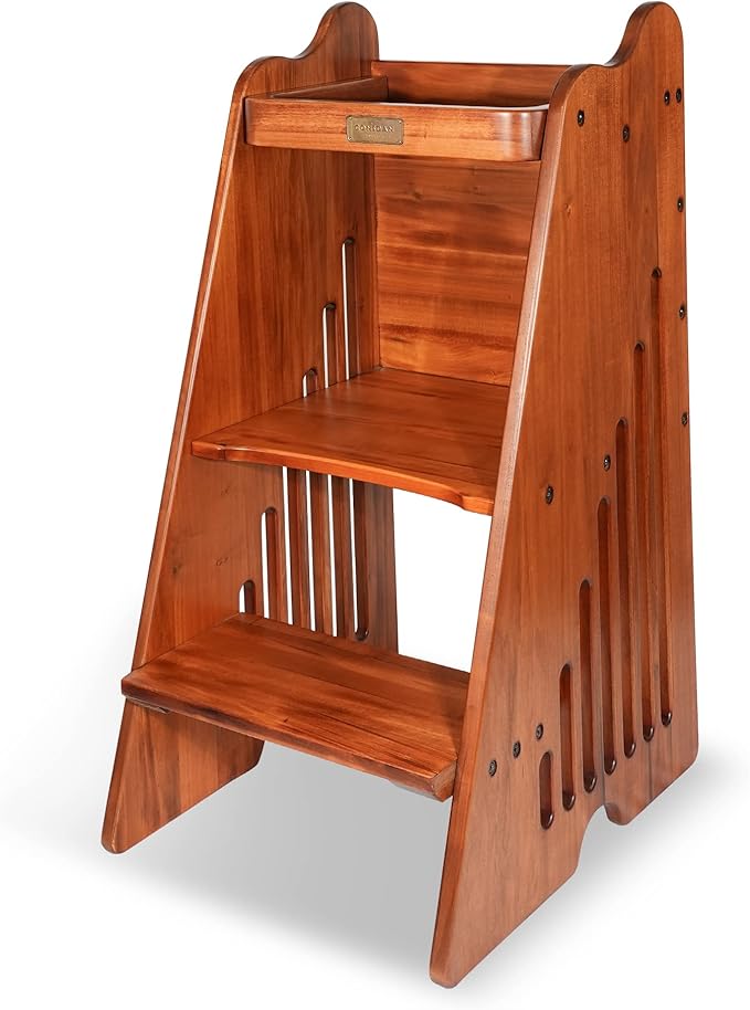 CONSDAN Toddler Tower, USA Grown Solid Hardwood, Kitchen Step Stool for Toddlers, Kids Standing Tower Kitchen Toddler Learning Stool, Kitchen Stool with Safety Rail for Kitchen Counter