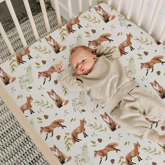 ACRABROS Crib Sheets for Girl Boy: Stretchy Baby Fitted Crib Mattress Sheets Sets 2 Pack Standard Size Ultra Soft Neutral, Fox&Leaf