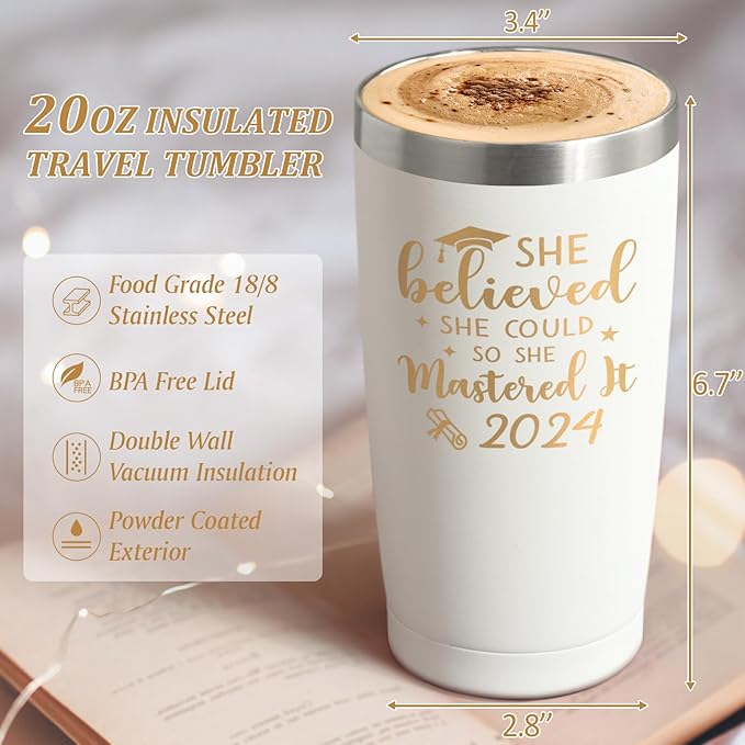 Lifecapido Graduation Gifts, Masters Degree Graduation Gifts, College Graduation Gifts for Her, Graduation 20oz Insulated Tumbler, Inspirational Gifts with Key Chain for Women Sister Friends, White