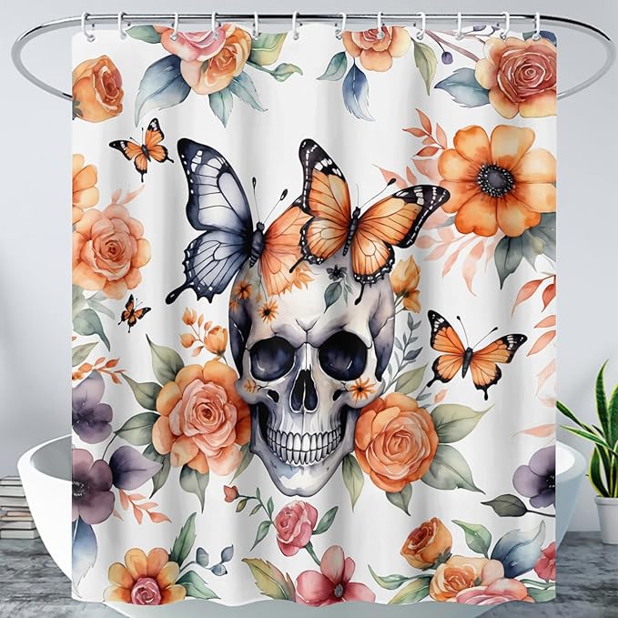 AILONEN 3D Sugar Skull Shower Curtain,Sunflower with Skeleton Design Shower Curtain Set with Hooks for Boys Girls,Butterfly Gothic Skull Waterproof Fabric Shower Curtain for Bathroom,60" W*72" H