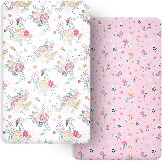 PHF Soft Mini Crib Sheet Set, 2 Pack Silky Comfy Pack N Play Sheets for Boys Girls, Universal Fit for Pack N Play, Playard and Mini Crib Mattresses, Rose Floral