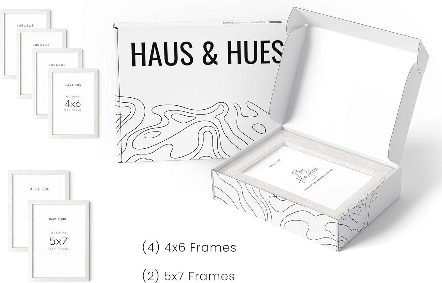 HAUS AND HUES White Oak Wood Gallery Wall Tabletop Frames Made with Real American Oak and Shatter-free Plexiglass - Set of 6 (Four 4x6, Two 5x7, Framed White)