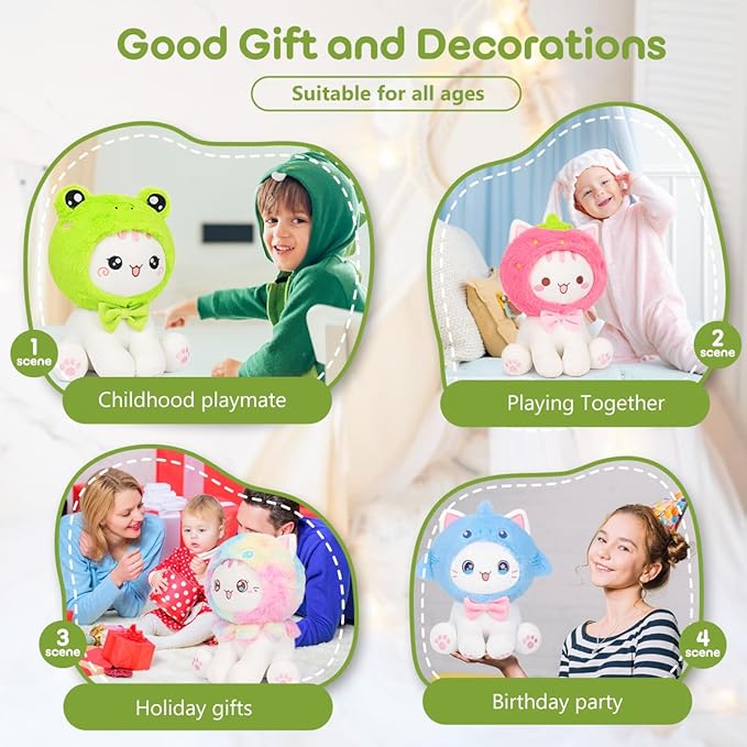 Cute Frog Cat Plush Toy 10" Kawaii Kitten Stuffed Animal, Cat Froggy Plushie Pillow Gift for Kids