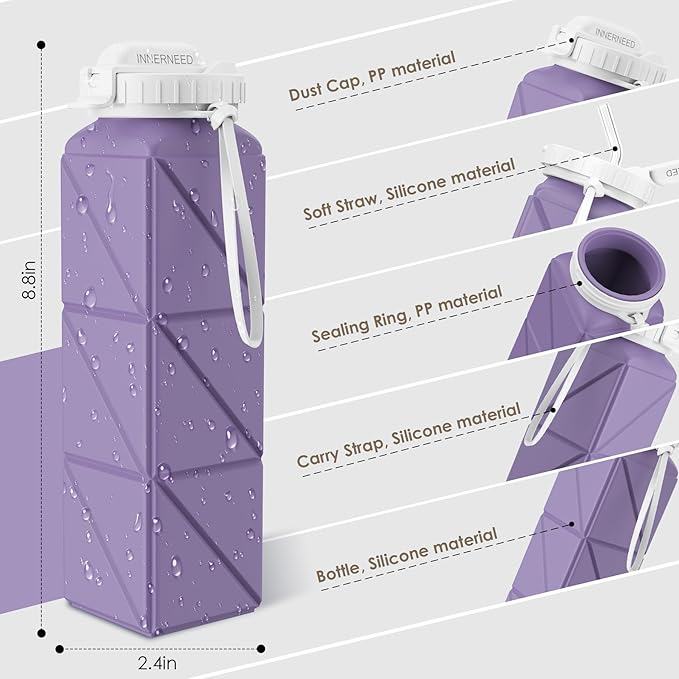 INNERNEED Collapsible Drinking Water Bottle with Straw, Reuseable Leakproof BPA Free Silicone Foldable Sports Gym Bottle, with Carrying Strap (1pack, Purple)