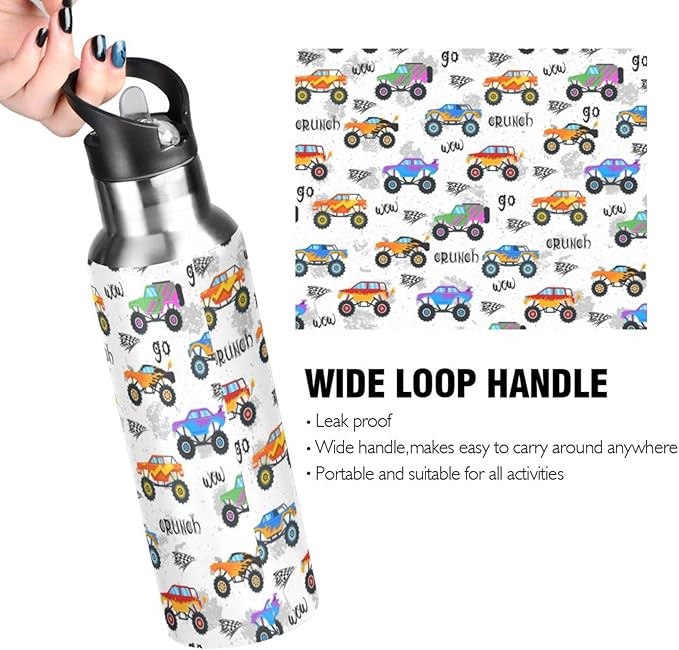 Monster Truck Sports Water Bottle, Double Wall Vacuum Insulated Stainless Steel Water Bottle with Straw Keeps Hot and Cold, Bike Running Sports Travel Gym 20oz