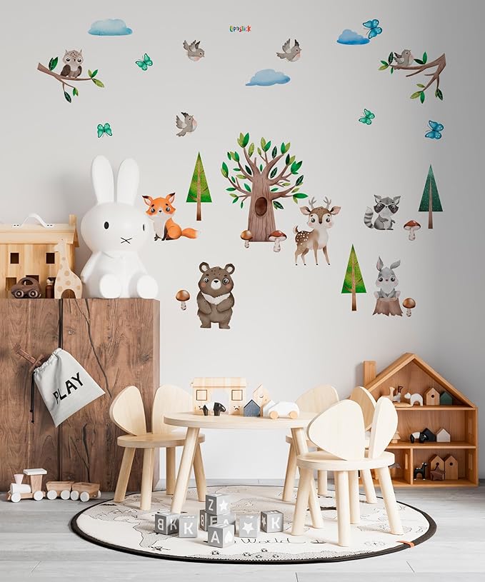 Large Animals Wall Decals for Kids by Lipastick – 133 pcs Woodland Animal Wall Stickers – Forest Animal Wall Decals for Kids Boys Baby Girls – Kids Wall Decals Bear Fox Deer Hare Raccoon Owl M Size