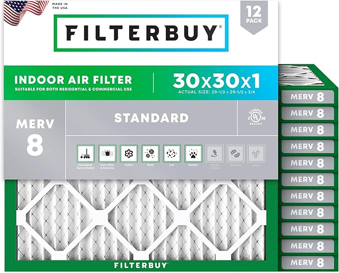 Filterbuy 30x30x1 Air Filter MERV 8 Dust Defense (12-Pack), Pleated HVAC AC Furnace Air Filters Replacement (Actual Size: 29.50 x 29.50 x 0.75 Inches)