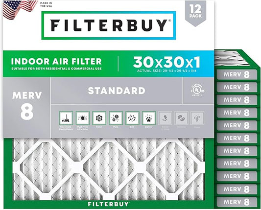 Filterbuy 30x30x1 Air Filter MERV 8 Dust Defense (12-Pack), Pleated HVAC AC Furnace Air Filters Replacement (Actual Size: 29.50 x 29.50 x 0.75 Inches)