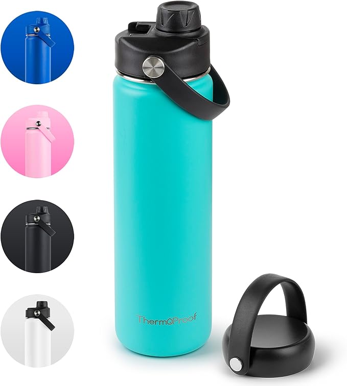 ThermoProof Hot & Cold Insulated Stainless Steel Water Bottle, Durable Leak Proof Gym Bottles for Men, Women & Kids, Double Walled Vacuum Bottles - 2 Lids (Mint, 22oz)