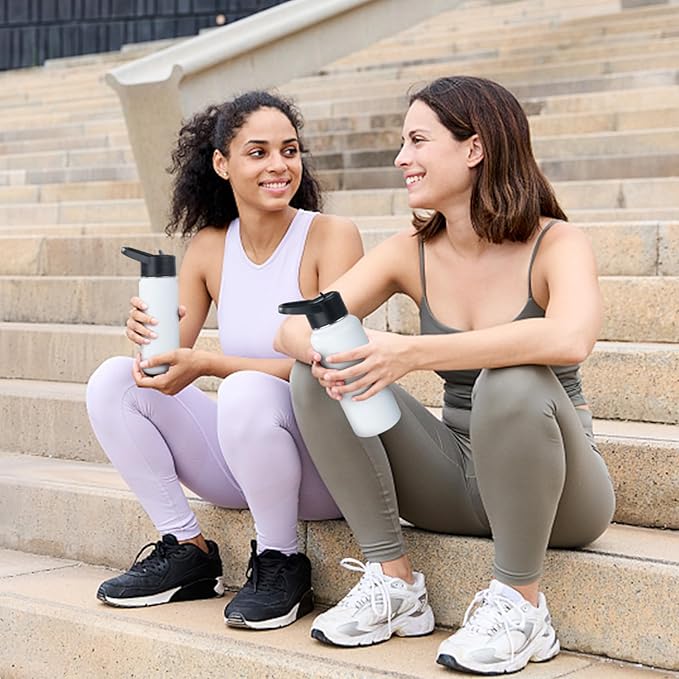 Stainless Steel Water bottle with Straw & Wide Mouth Lid, Wide Rotating Handle, 32oz Double Wall Vacuum Insulated Water Bottle Leak Proof, BPA Free, Keep Cold and Hot, 32oz, White