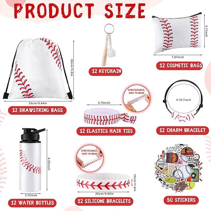 Layhit 134 Pcs Party Favors Set Include Cosmetic Bag Drawstring Backpack Hair Ties Charm Bracelets Silicon Bracelets Water Bottles Keychains Stickers for Sport Team Gifts (White,Baseball)