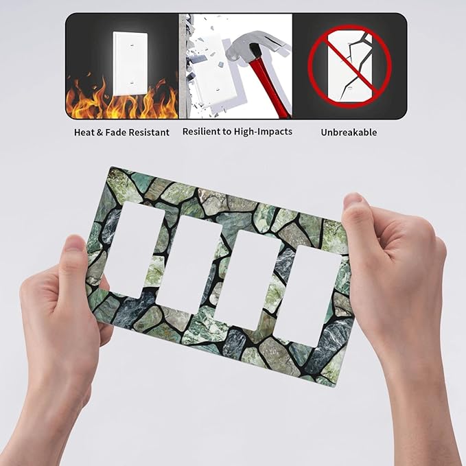 Green Stone Texture Quad Rocker Light Switch Wall Plate Cover Decorative 4-Gang for Outlet Room Bathroom Bedroom Home Kitchen Four Decora Receptacle Polycarbonate Power Gear 4.5" x 8"