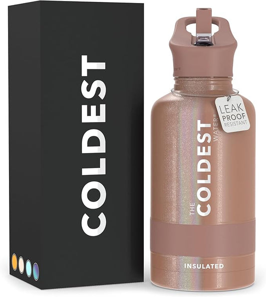 Coldest Sports Water Bottle with Straw Lid Vacuum Insulated Stainless Steel Metal Bottles Leak Proof Flask for Sports Gym (64 oz, Golden Rose Glitter)