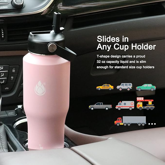 SENDESTAR Water Bottle 32oz,2 Lids(Straw lid),Wide Mouth Stainless Steel Vacuum Insulated Double Wall Keep Liquids Cold or Hot All Day,Sweat Proof Sport Design,Fit Car Cup Holder(Peach)