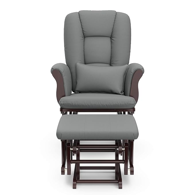 Storkcraft Tuscany Custom Glider and Ottoman with Free Lumbar Pillow (Espresso/Grey) - Cleanable Upholstered Comfort Rocking Nursery Chair with Ottoman