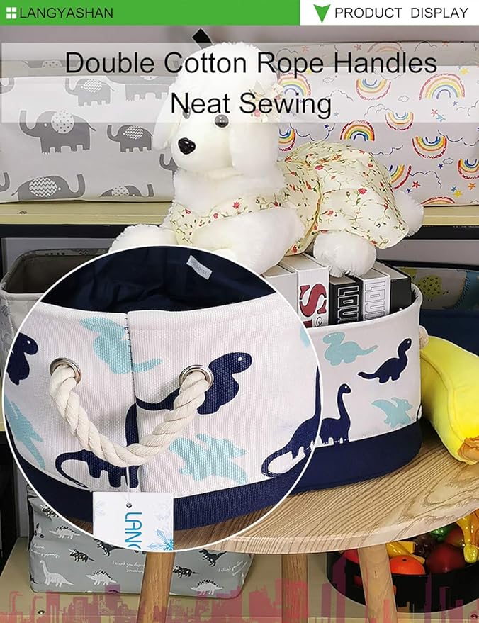 LANGYASHAN Oval Storage Basket Collapse Canvas Fabric Cartoon Storage Bin with Handles for Organizing Home Kitchen Boys and Girls Toy Office Closet Shelf Baskets (Dinosaur)