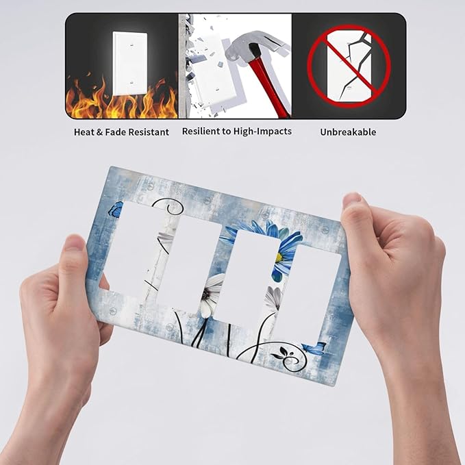 Rustic Teal Blue Daisy Floral 4 Gang Rocker Decora Light Switch Cover Outlet Covers Wall Plate Decorative Switchplate Electrical Faceplate GFCI for Country Bathroom Bedroom Kitchen Decor