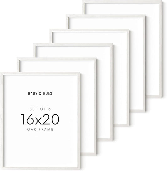 HAUS AND HUES Set of 6 - White Picture Frames Poster Frames for Wall, Wood Frame 16x20 White Frames Gallery Wall, Large Picture Frames (White Oak Frame), 16x20 in