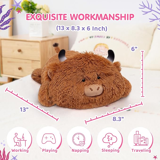 Cute Cow Plush Pillow, Kawaii Plushies Highland Cow Stuffed Toys, Squishy Plushies, Cuddle Plush Pillow for Boys & Girls