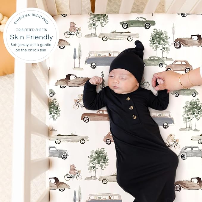 GRSSDER Stretchy Ultra Soft Jersey Knit Fitted Crib Sheets Set 2 Pack, Universal Fitted All Standard Crib Mattress Pads Safe and Snug, Crib Fitted Sheet for Baby, Neutral Pattern of Cartoon Cars Print
