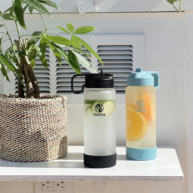 Takeya 22 Oz Glass Water Bottle, Shatter Resistant, Premium Quality, Sure-Grip with Straw Lid, Onyx