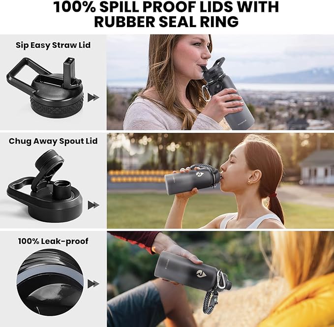 Insulated Water Bottle 40 oz, Triple Wall Vacuum Stainless Steel (Cold for 48 Hrs), Leak Proof & Non-BPA, Modern Water Flask Jug with Paracord Handle & Straw Spout Lids, Dark Grey