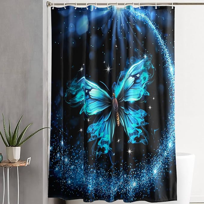 AILONEN Butterfly Shower Curtain Bathroom 72" W*72" H Sparkly Blue Butterflies Curtain Cloth Fabric Bathroom for Girls Kids,Boho Style Shower Curtain Set
