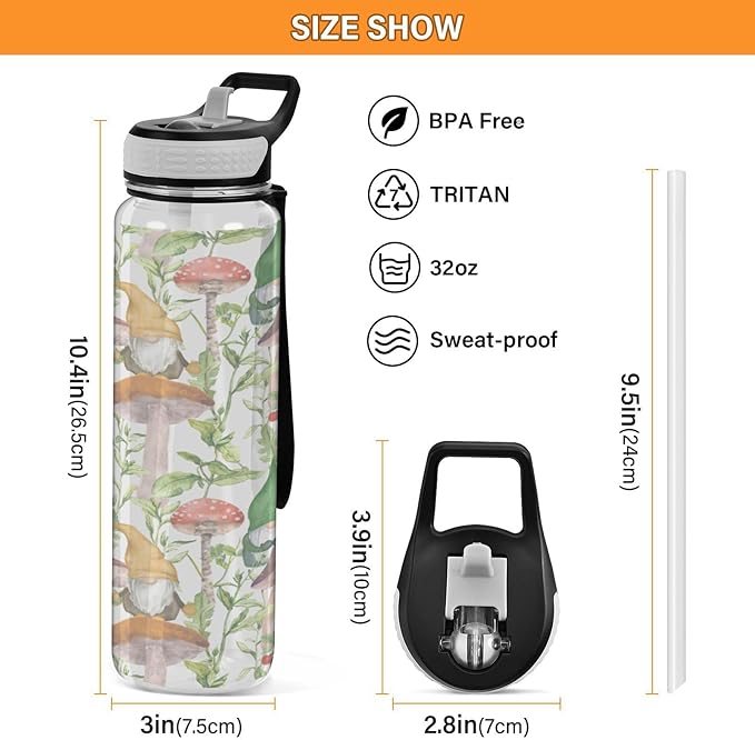 Kigai Mushroom Gnome Clear Water Bottle with Straw Lid, BPA-Free Leakproof Sport Water Bottle 32oz Large Gym Water Jug for Men Women Travel Fitness Outdoor
