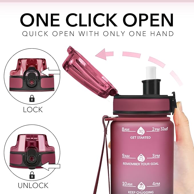 GOSWAG Water Bottles, 32 oz Motivational Sports Water Bottle with Straw and Time Marker to Remind You to Drink, Comes with Carry Strap, Leakproof