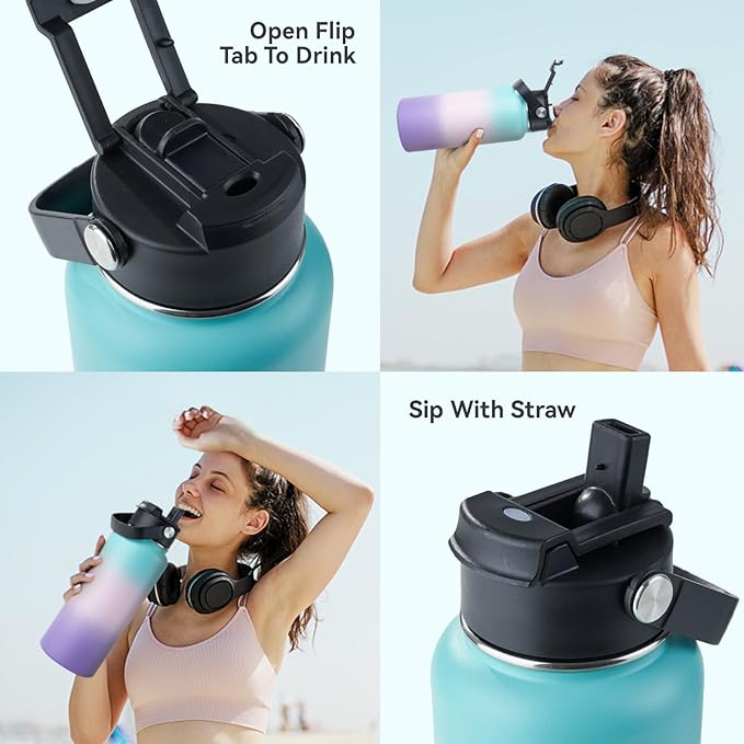 Kerilyn Stainless Steel Insulated Water Bottle, 40oz Double Wall Vacuum Insulated Water Bottle Leak Proof with Silicone Straw, Wide Mouth Lid, BPA Free, Keep Cold and Hot, 40oz, Pink Gradient